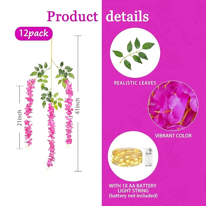 12 Pack Purple Red Wisteria Hanging Flowers Garland - Image 2