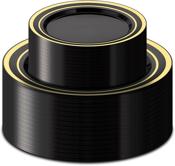 100PCS Black Plastic Plates Set by BESTSTAR