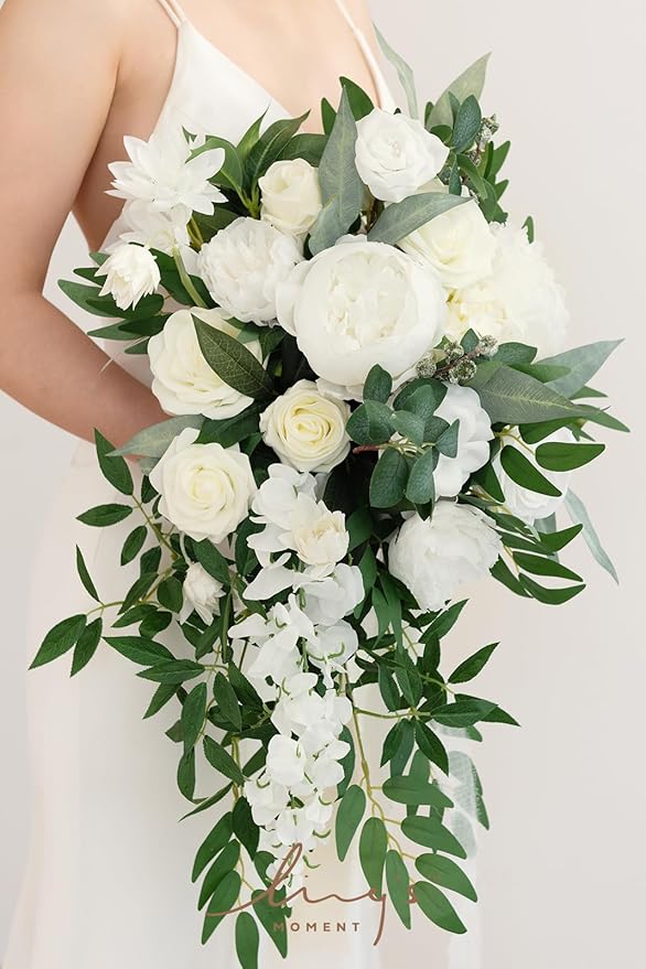 Ling's Moment White Bridal Bouquet Cascading, Ivory Wedding Bouquets - Image 5