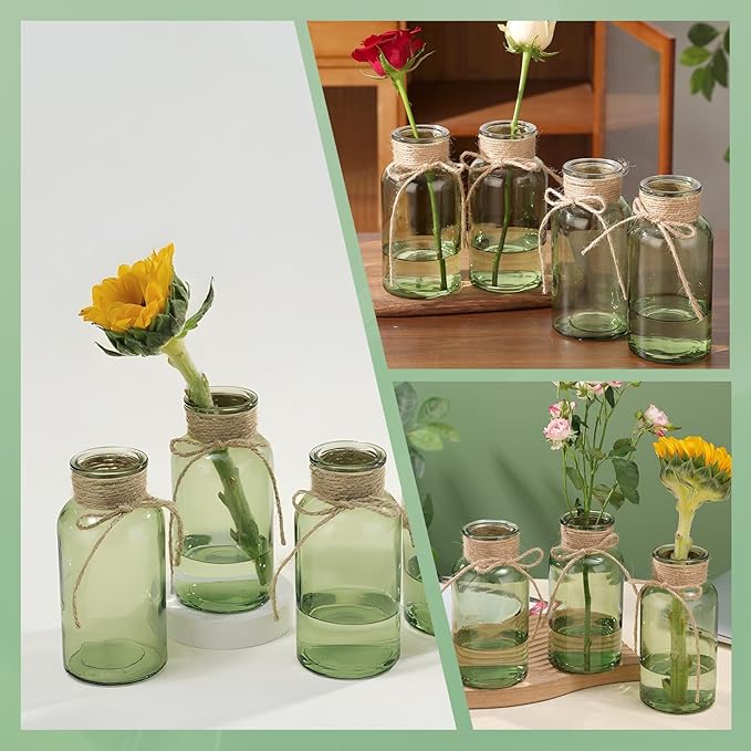 Green Glass Flower Vases for Centerpieces Set of 12, Mason Jars Boho Cylinder - Image 3