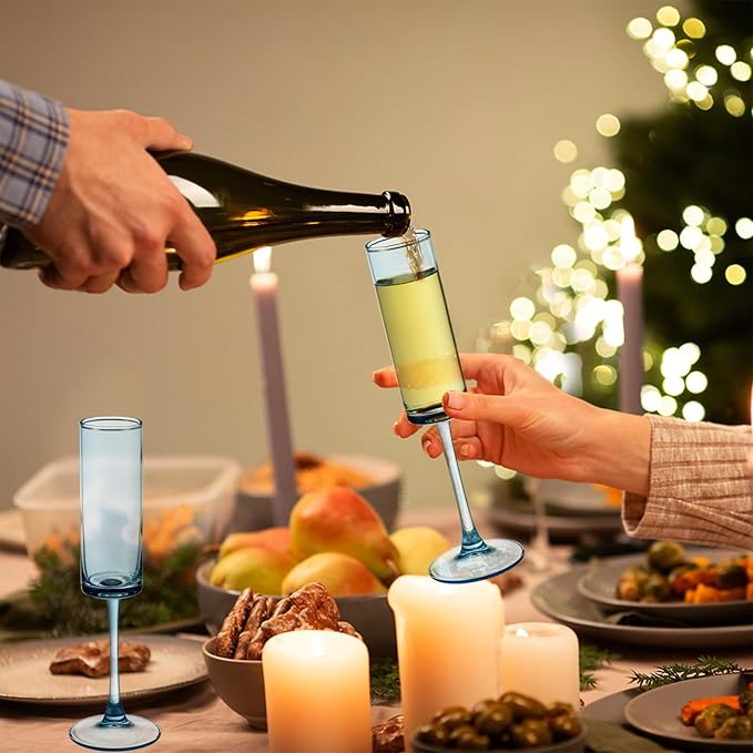 6 Pieces Blue Champagne Flutes 6 OZ Straight Sided Wine Glasses Champagne Long - Image 2