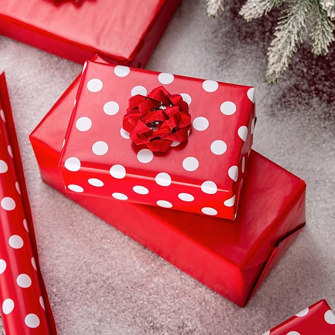 Burymento Red and White Dots Wrapping Paper, Reversible Pink Gift Wrap - Image 2