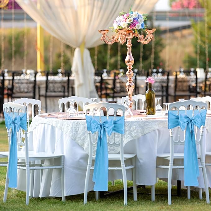 10 PCS Baby Blue Satin Chair Sashes Bows Universal Chair Ribbon Ties Back Sash - Image 6