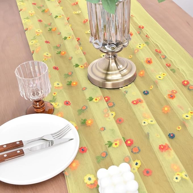 Joanlody Yellow Embroidery Daisy Fall Thanksgiving Table Runner Florals - Image 4
