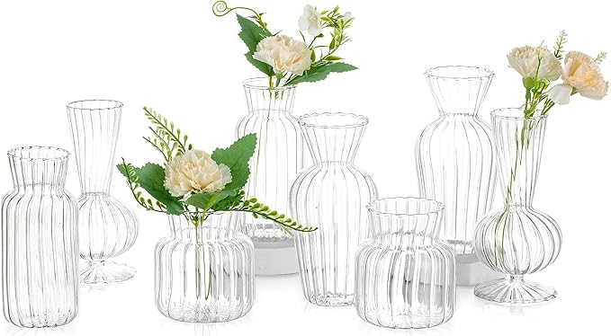 Modern Clear Glass Bud Vase Bulk Set: Glasseam 8Pcs Small Mini Flower by Glasseam