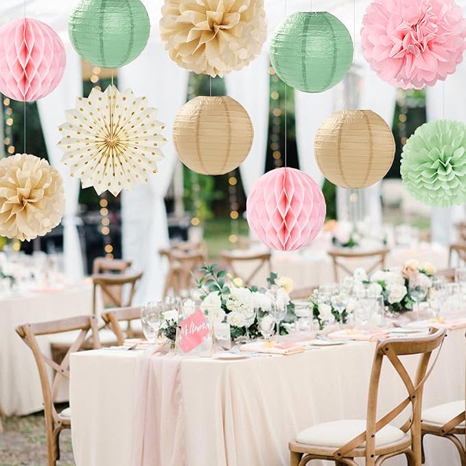 Sage-Green Pink-Champagne Party-Decorations Streamers Lanterns - Image 7