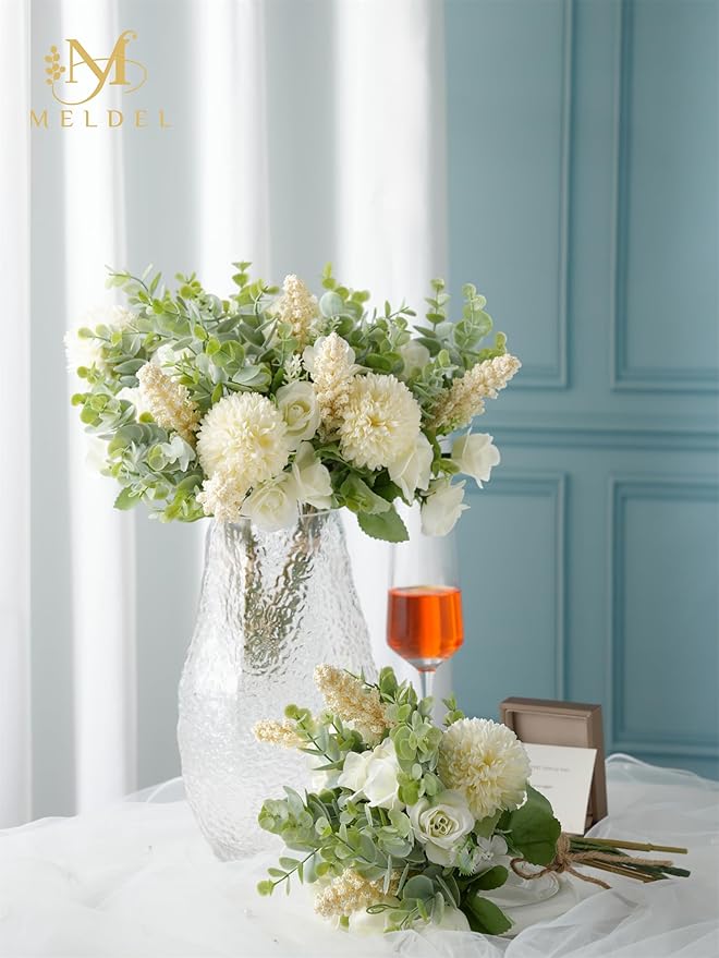 Meldel 3Pcs Rose Bouquet Artificial Fake Flowers Eucalyptus Plants Silk Flower - Image 3