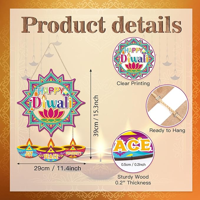 CHDITB Happy Diwali Front Door Sign Wreath, Wooden Lotus Rangoli Diyas Indian - Image 2
