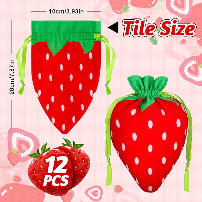 Whaline 12Pcs Strawberry Shaped Treat Bags Red Green Strawberry Drawstring Bags - Image 2