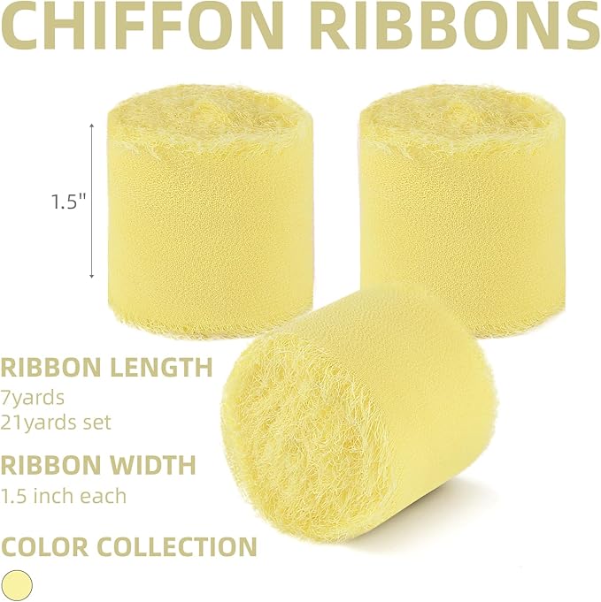 3 Rolls Cream Yellow Handmade Chiffon Ribbon, 1.5" x 21Yd Frayed Fringe Silk - Image 2