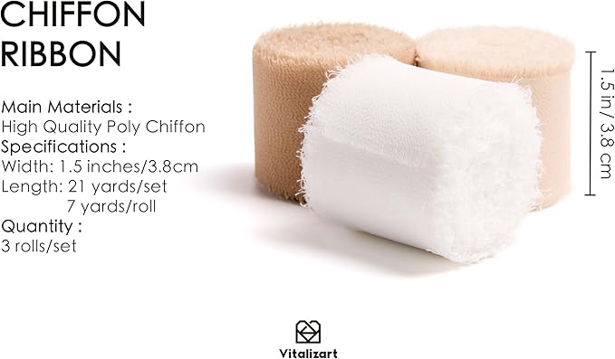 Vitalizart Handmade Chiffon Silk Ribbon Fringe 1.5" x 21 Yd White & Camel - Image 2