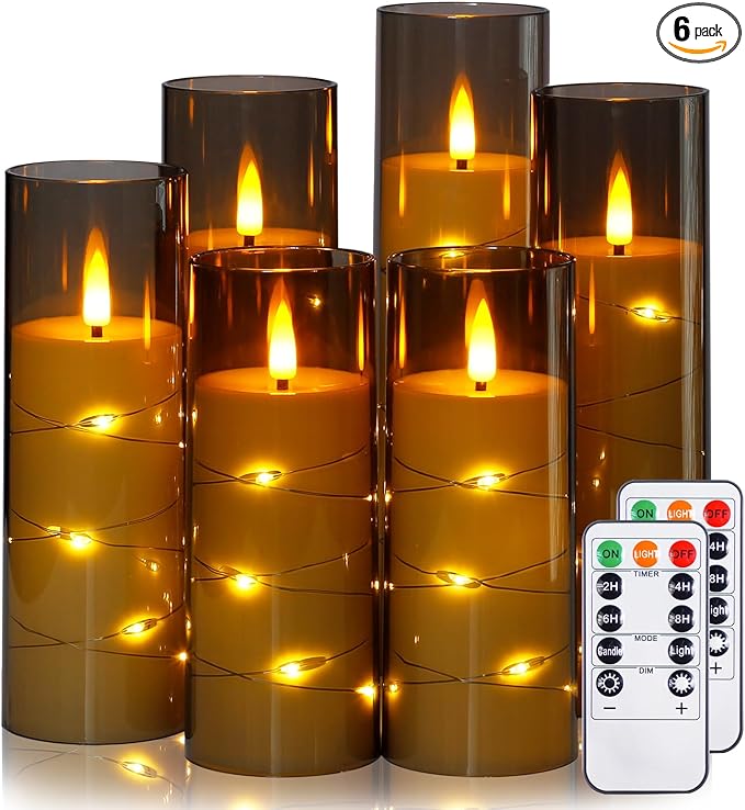 Grey Flameless Candles with Remote and String Light, 2.2"x 5" by Yeelida