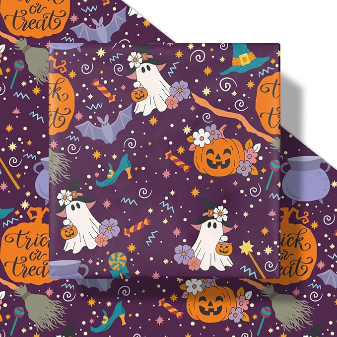 LeZakaa Purple Halloween Wrapping Paper Roll, Cute Trick-or-Treat Ghosts - Image 7