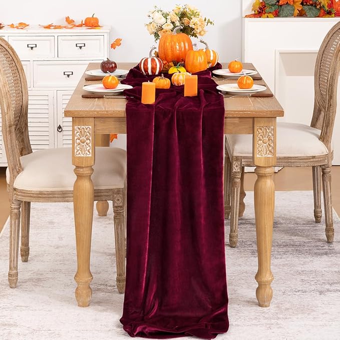 Burgundy Velvet Table Runner Fall Thanksgiving Red Table Runner 20 x 120 Inch - Image 2