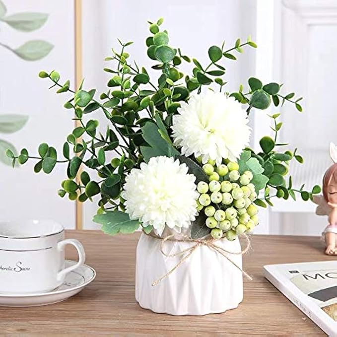LADADA Artificial Flower Hydrangea and Small CeramicVase Fake Plant Eucalyptus by LADADA