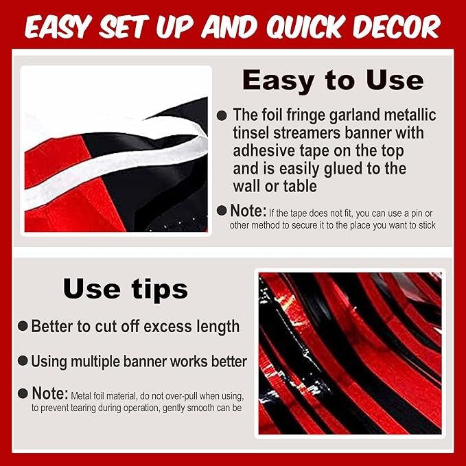 6 Pack 10 Ft Black and Red Foil Fringe Garland Metallic Streamers Tinsel Banner - Image 3