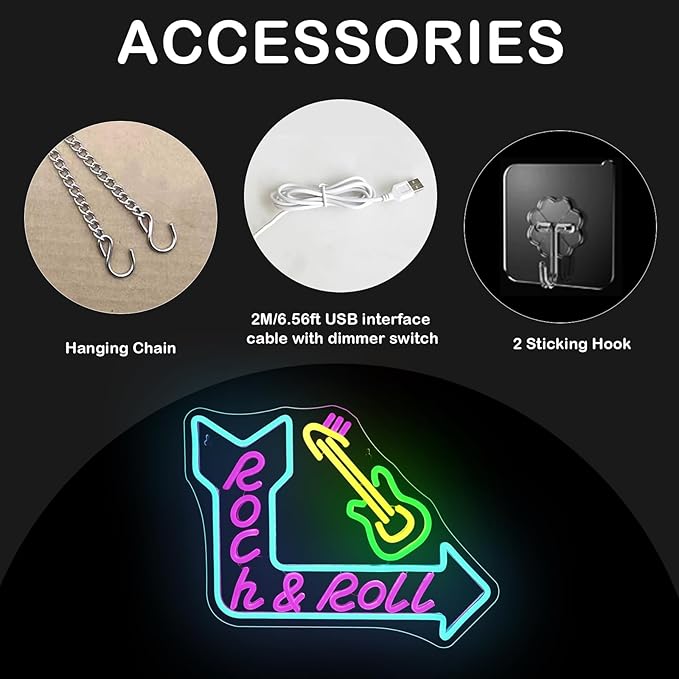 Rock Roll Guitar with Arrow Neon Sign, USB Powered Dimmable, Retro Music-Themed - Image 6