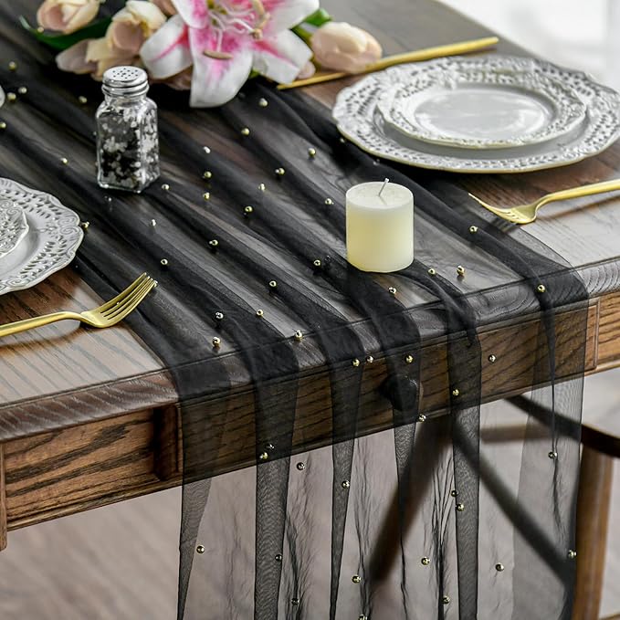Artoid Mode 3PCS Pearl Black Gauze Table Runner 120 Inch 10FT, Seasonal Sheer by ArtoidMode