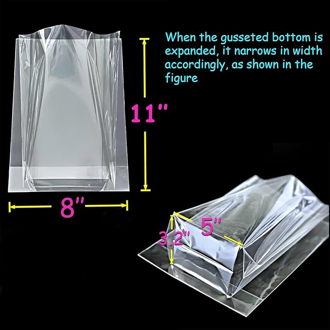 PigPotParty Cellophane Bags 8"x11", 50 Pack Clear Gift Bags, 3.15" Bottom Gusset - Image 2