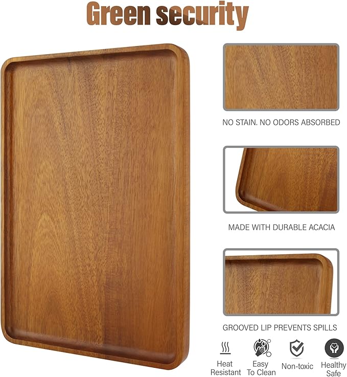 2 PCS Solid Acacia Wood Serving Trays 16 * 12 inch Rectangular Wooden Serving - Image 3