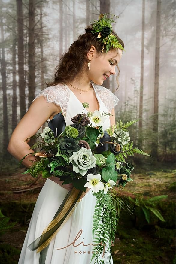 Ling's moment Forest Green Bridal Bouquet Cascading, Emerald Green Wedding - Image 6