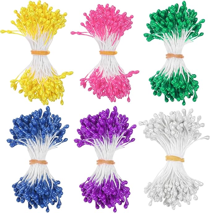 900-Pack Flower Stamens for Crafts, 5mm Double Heads Artificial Pearl Floral by MMETERXITY