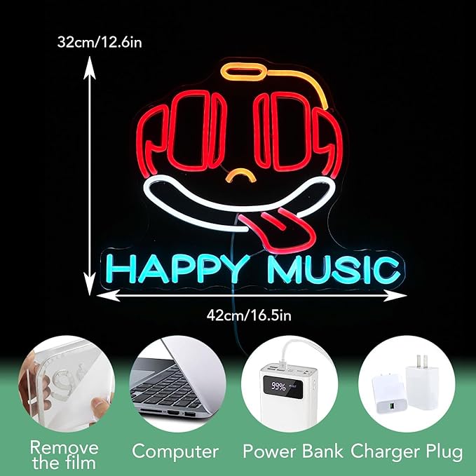 Headphone Neon Sign Dimmable Led Happy Music Neon Light - Image 2