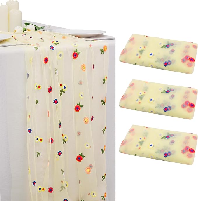 BINBE 3pcs Daisy Fall Table Runner Embroidery Gauze 10FT Florals Seasonal Tulle by BINBE
