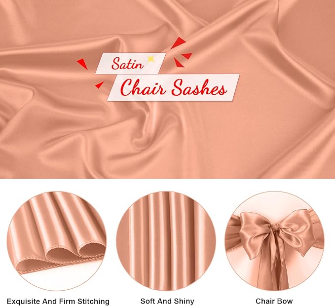 10 PCS Rose Gold Satin Chair Sashes Bows Universal Chair Ribbon Ties Back Sash - Image 3