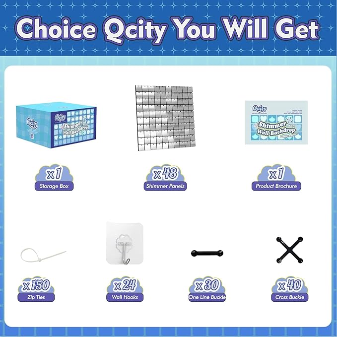 Qcity Silver Shimmer Wall Backdrop 48PCS, Square Sequin Glitter Backdrop Panel - Image 2