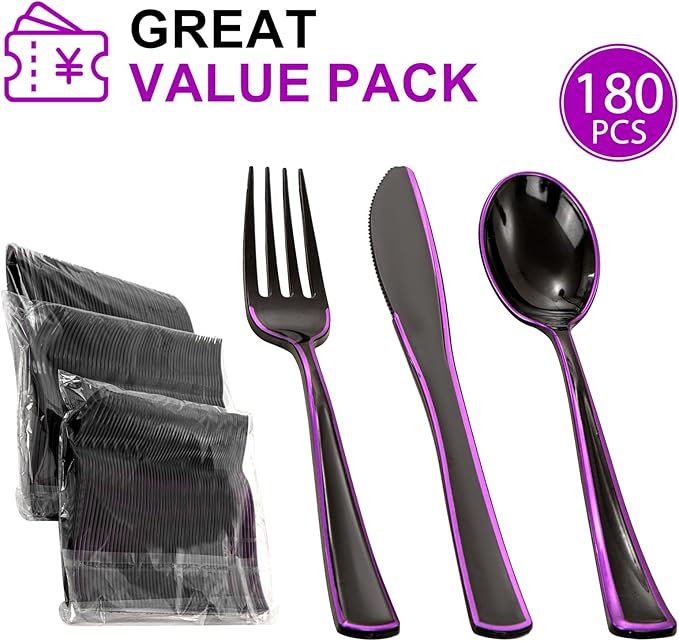 WDF 180 Pieces Black and Purple Halloween Plastic Silverware - Image 4
