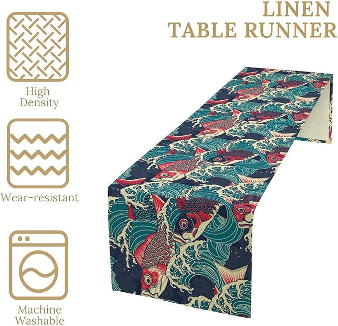 Kio Fish Table Runner Waves Japanese Tradition Art Printed Burlap Runner Home - Image 3
