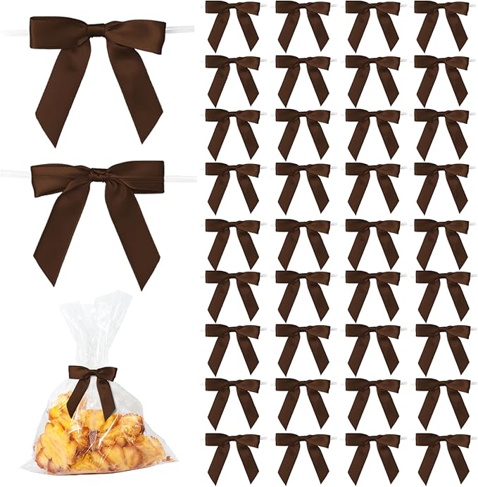 50Pcs Brown Twist Tie Bows for Gift Wrapping 2.5" Satin Ribbon Bow for Treat by TULOBI