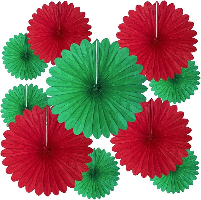 20 Pcs Red Green Hanging Paper Fan, Round Paper Fans Decorations Set by Tisspoms