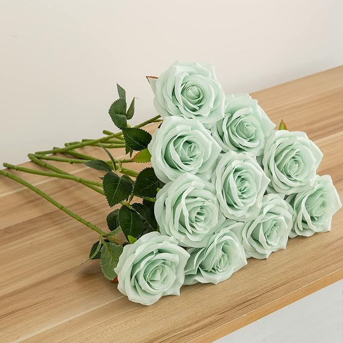 Artificial Rose 10pcs Open Flower Bouquet Sage Green Faux Rose Stems - Image 5