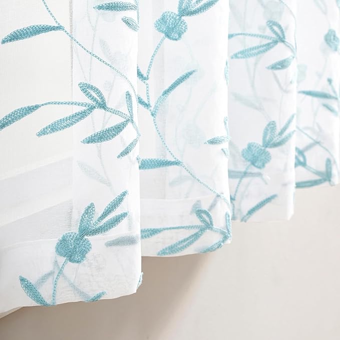 Sheer Curtains White-Blue Embroidery 63 Inch Length Rod Pocket Voile Drapes - Image 5