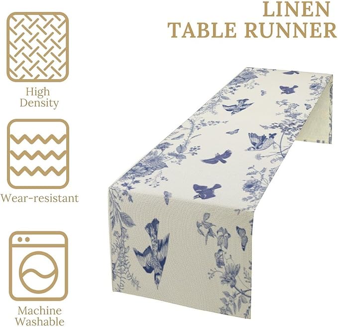 Monochrome Sketch Flowers Bird Table Runner, Seasonal Spring Fall Plants Blue - Image 4