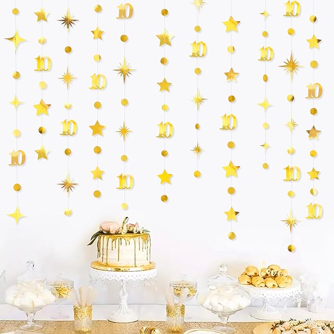 Gold 10th Birthday Decorations Number 10 Circle Dot Twinkle Star Garland - Image 5