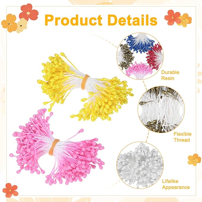 900-Pack Flower Stamens for Crafts, 5mm Double Heads Artificial Pearl Floral - Image 2