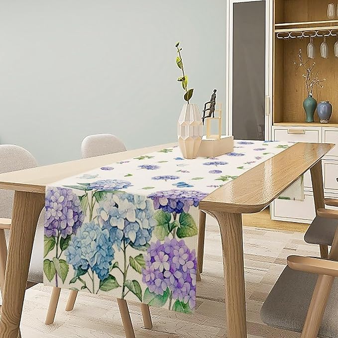 Spring Hydrangea Flower Table Runner, Seasonal Summer Plants Watercolor Florals - Image 2