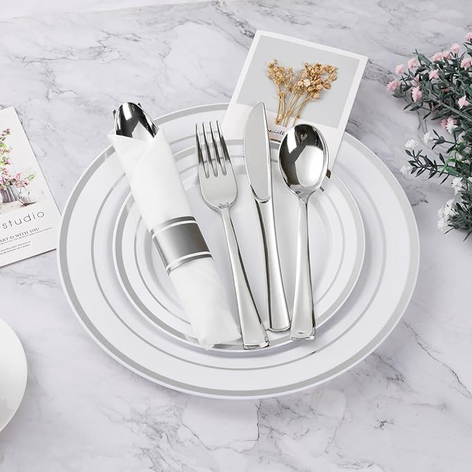 BESTVIP 350PCS Silver Plastic Dinnerware Set, Disposable Party Plates - Image 2