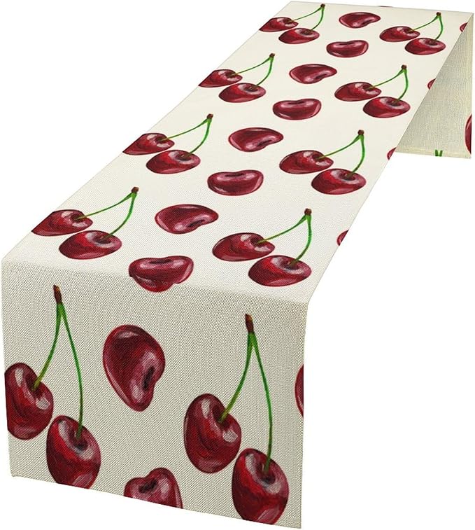 Red Cherry Table Runner Watercolor Spring Summer Wild Berry Tropical Fruit by SHElifestyle