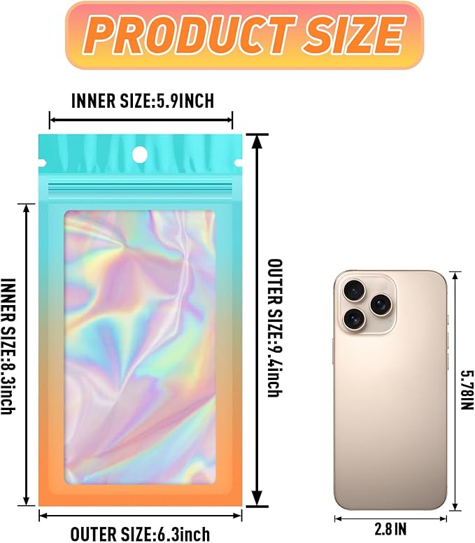 Funfery 100 Pack Gradient Holographic Bags, Mylar Resealable Bag - Image 2