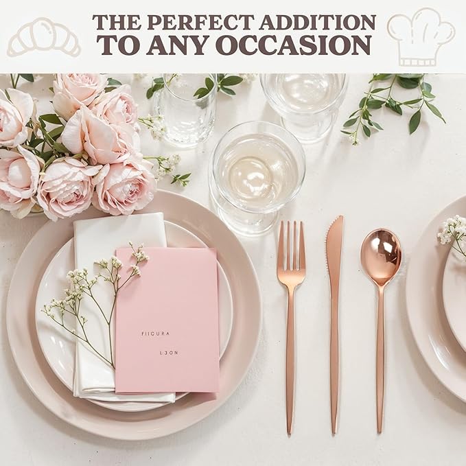 PULOTE 300PCS Rose Gold Plastic Silverware Set - Image 3