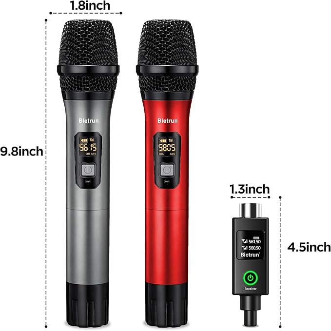 Bietrun XLR Wireless Microphone, UHF Dual Handheld Dynamic Metal Mic Set - Image 8