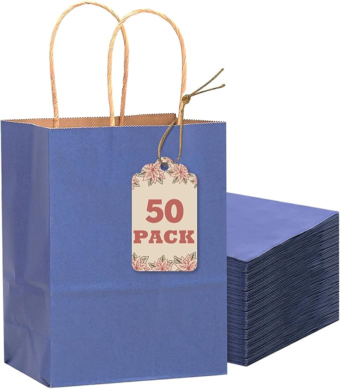 qiqee 50-Packs Gift Bag with Handles Bulk Kraft Deep Blue Paper Bags Multiple by Qiqee