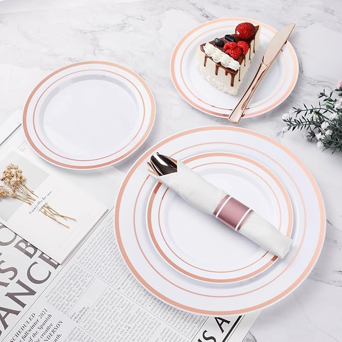 BESTVIP 175PCS Rose Gold Plastic Dinnerware Set, Disposable Party Plates - Image 3