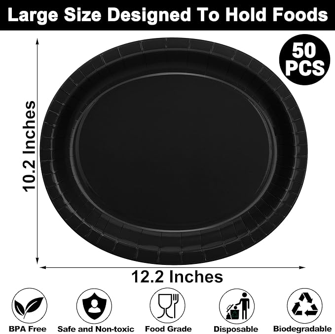 QZYL 50 Count Black Large Paper Plates, 12.2'' X 10.2'' Oval Disposable Plates - Image 2