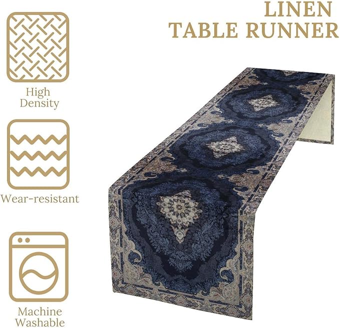 Vintage Boho Floral Table Runner, Rustic Country Farmhouse Dark Blue Grey Retro - Image 5