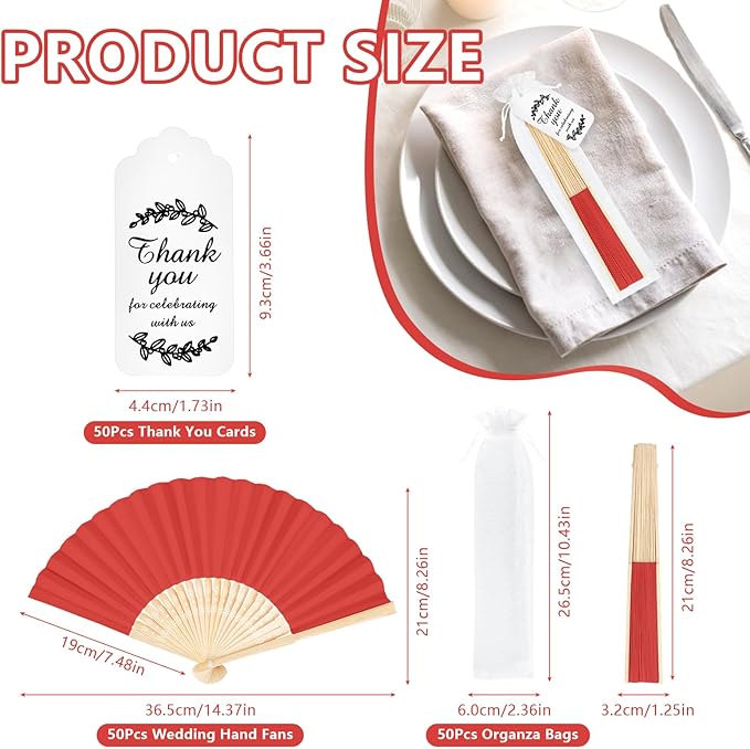 50Set Wedding Hand Fans Party Favors Red Paper Folding Handheld Fans Bulk - Image 2